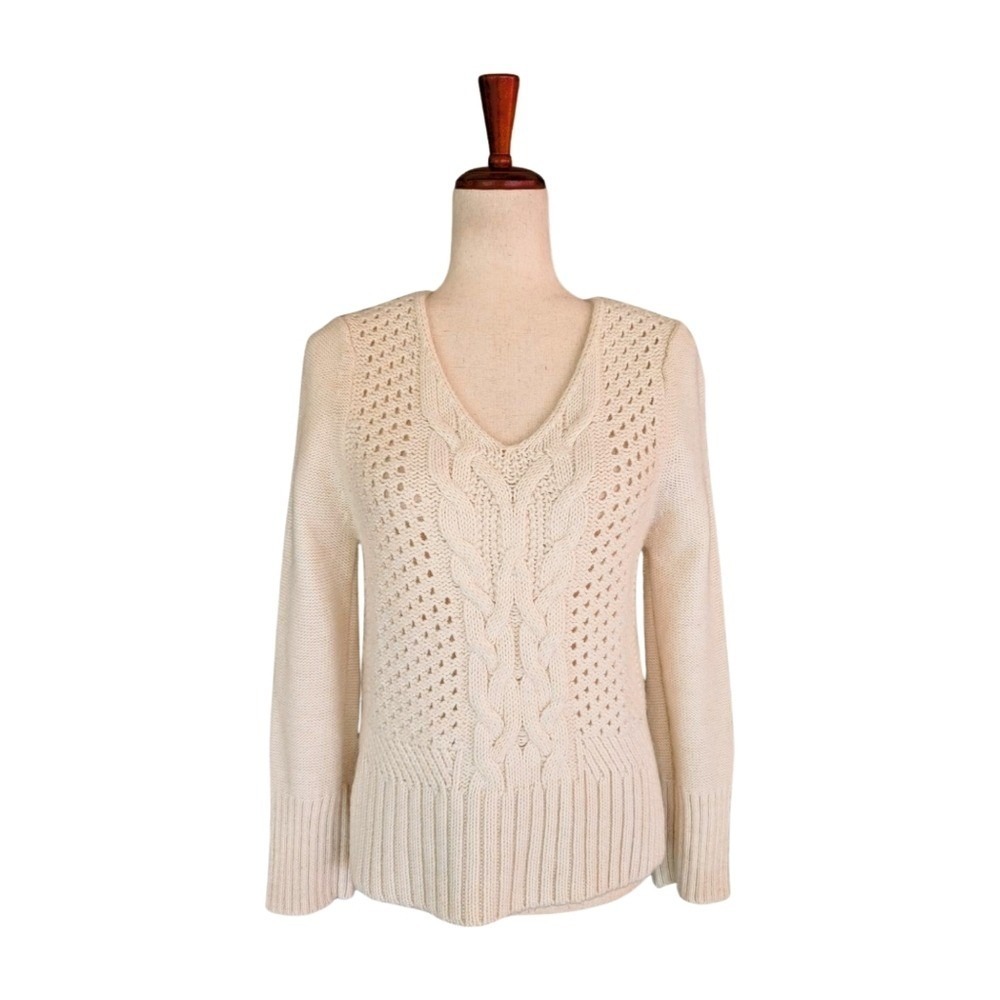 The Kooples Sport Ivory Alpaca Wool Blend Cable Knit V-Neck Sweater Size Small